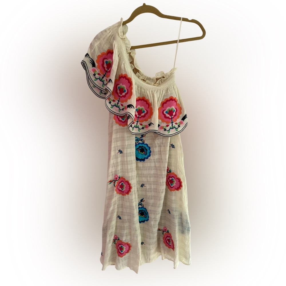 Anthropologie one shoulder embroidered tea length dress